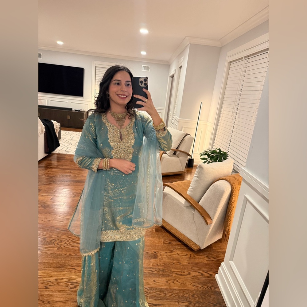 Teal Embroidered Women Palazzo Pants Set with Gold Accents